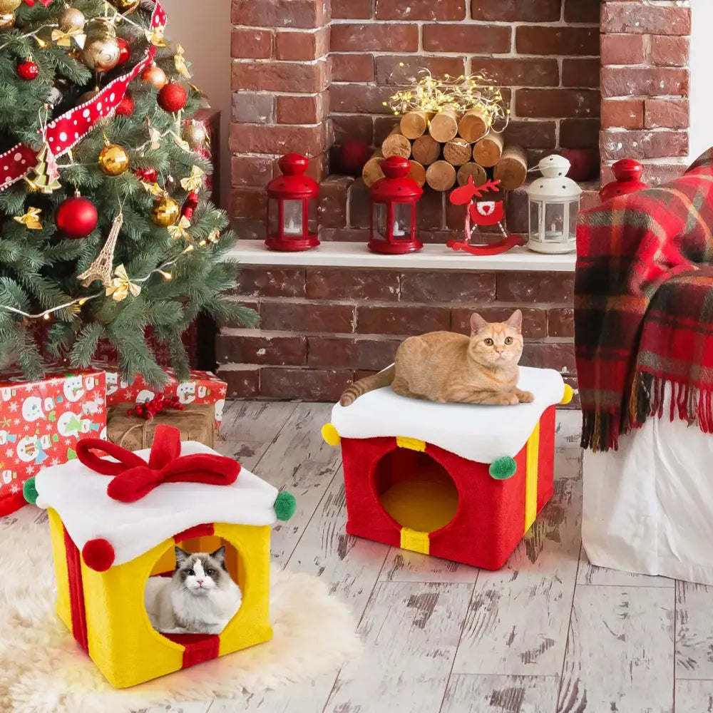 2 Gift Box Shaped Cute Christmas Cat House with Bow-Multicolor - Multicolor - Cat Houses