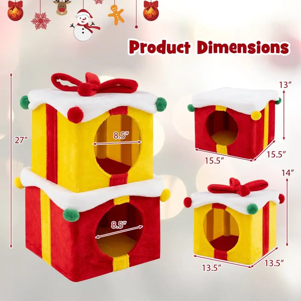 2 Gift Box Shaped Cute Christmas Cat House with Bow-Multicolor - Multicolor - Cat Houses