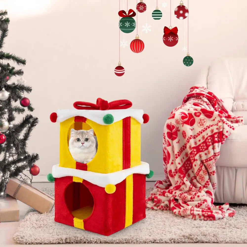 2 Gift Box Shaped Cute Christmas Cat House with Bow-Multicolor - Multicolor - Cat Houses