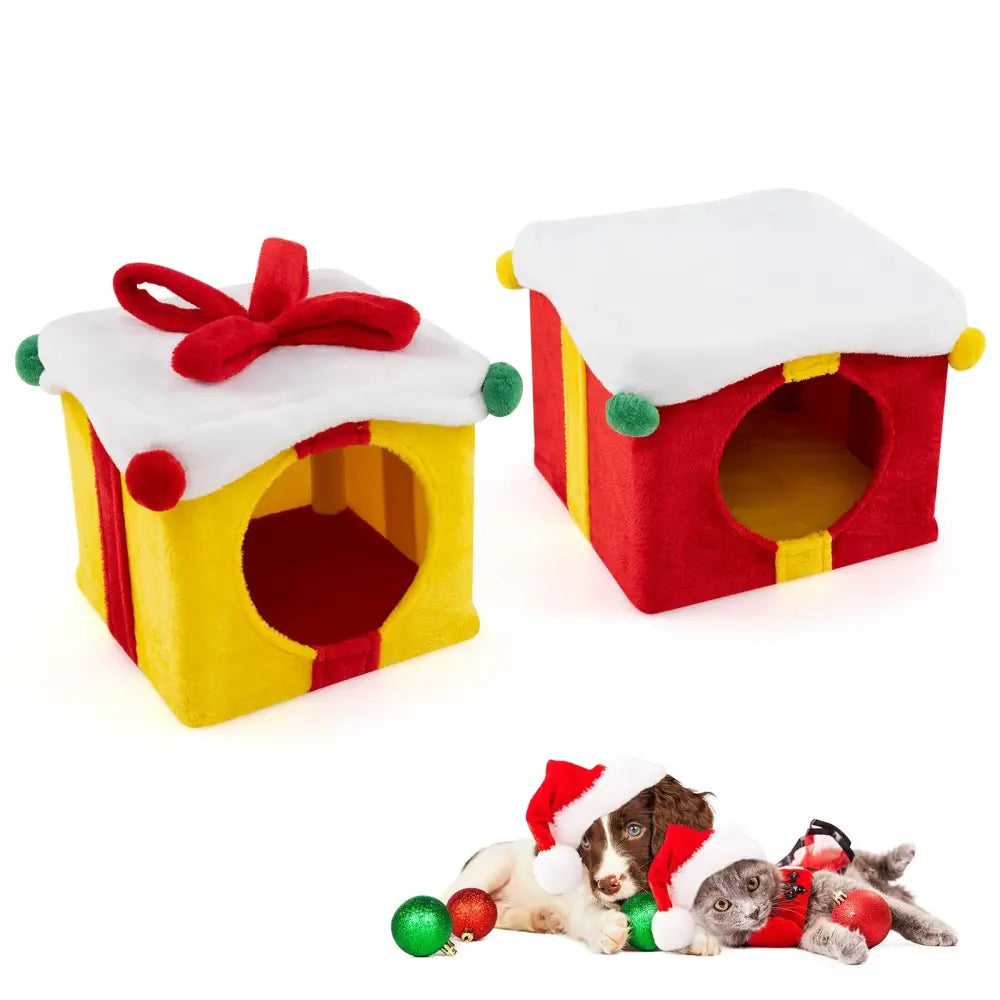2 Gift Box Shaped Cute Christmas Cat House with Bow-Multicolor - Multicolor - Cat Houses