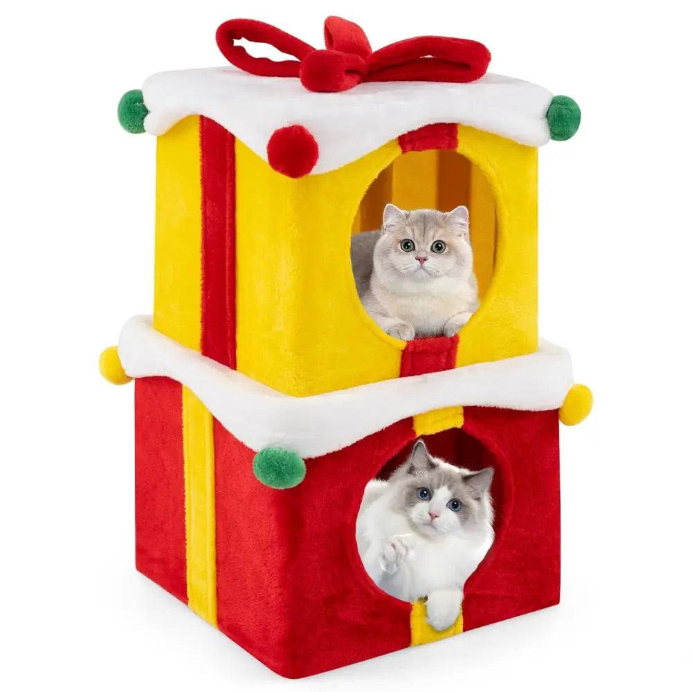 2 Gift Box Shaped Cute Christmas Cat House with Bow-Multicolor - Multicolor - Cat Houses