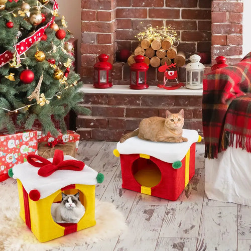 2 Gift Box Shaped Cute Christmas Cat House with Bow-Multicolor - Multicolor - Cat Houses
