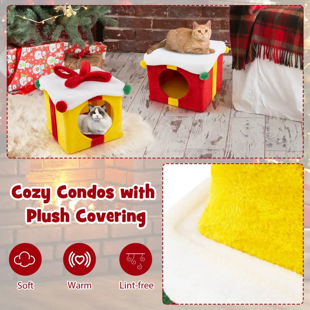 2 Gift Box Shaped Cute Christmas Cat House with Bow-Multicolor - Multicolor - Cat Houses
