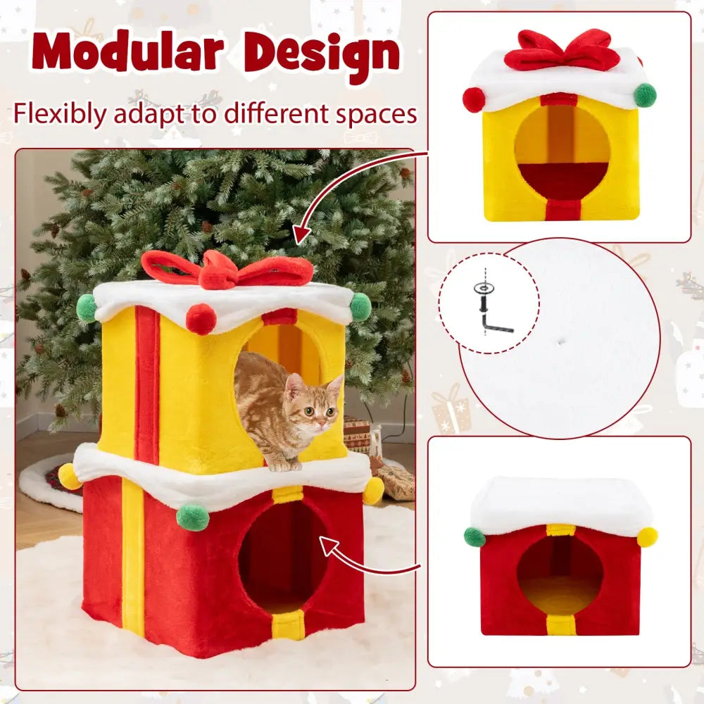 2 Gift Box Shaped Cute Christmas Cat House with Bow-Multicolor - Multicolor - Cat Houses