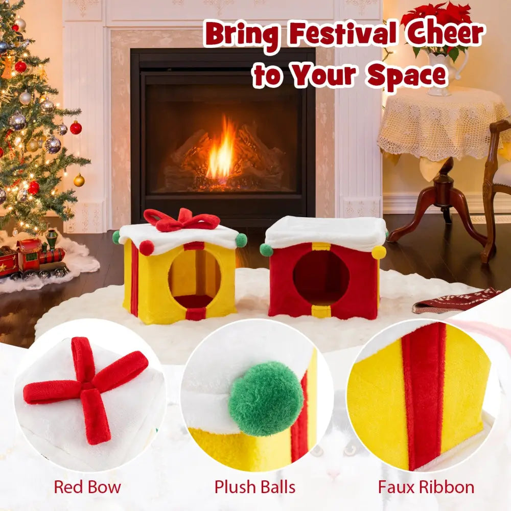 2 Gift Box Shaped Cute Christmas Cat House with Bow-Multicolor - Multicolor - Cat Houses