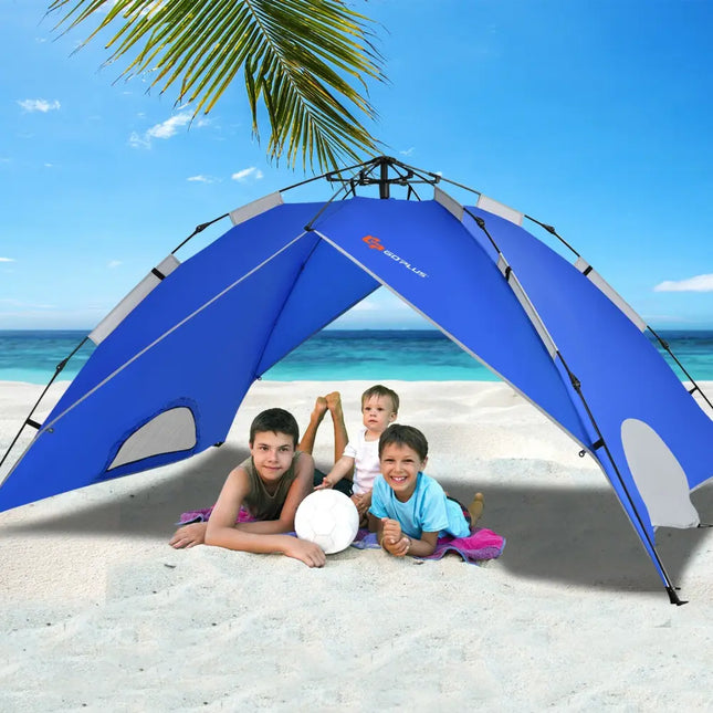 2-in-1 4 Person Instant Pop-up Waterproof Camping Tent-Blue - Blue - Tents