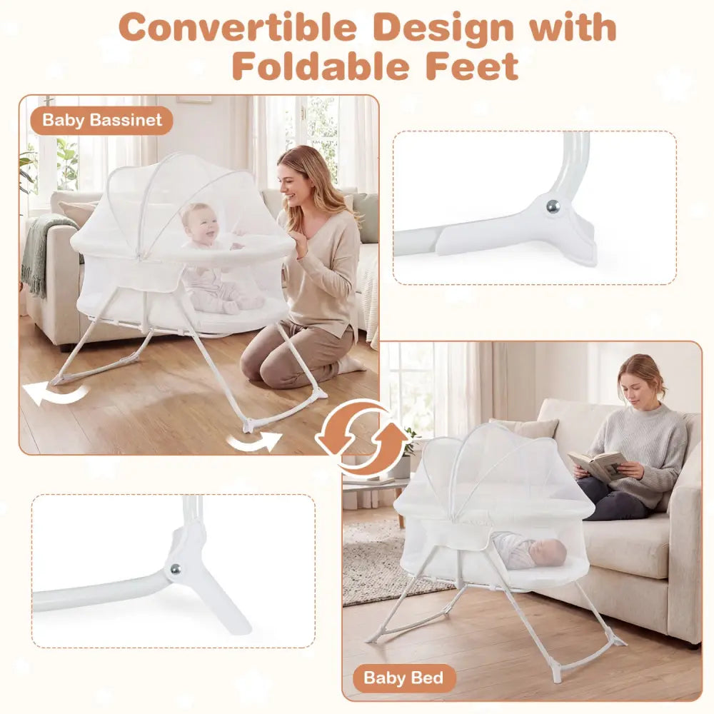 2 in 1 Baby Bassinet with Rocking Motion Foldable Bedside Sleeper with Breathable Mesh-Beige - Beige - Bassinets &