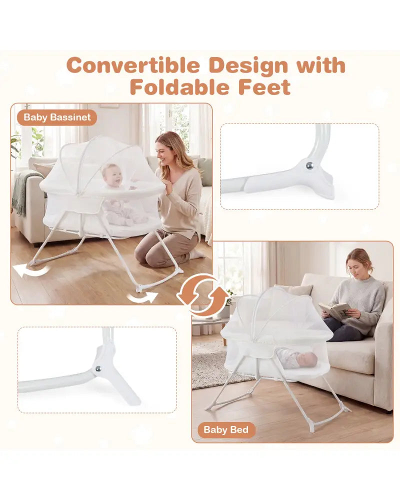 2 in 1 Baby Bassinet with Rocking Motion Foldable Bedside Sleeper with Breathable Mesh-Beige - Beige - Bassinets &