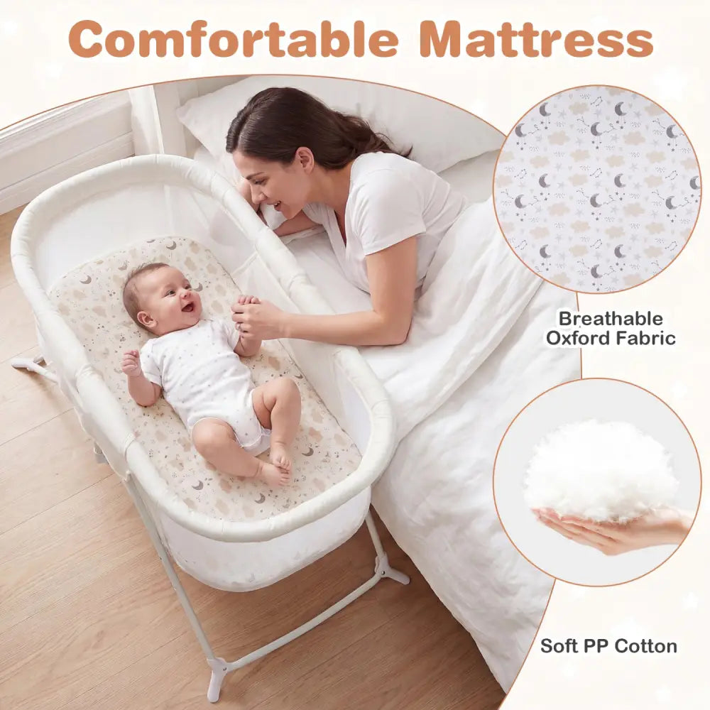 2 in 1 Baby Bassinet with Rocking Motion Foldable Bedside Sleeper with Breathable Mesh-Beige - Beige - Bassinets &