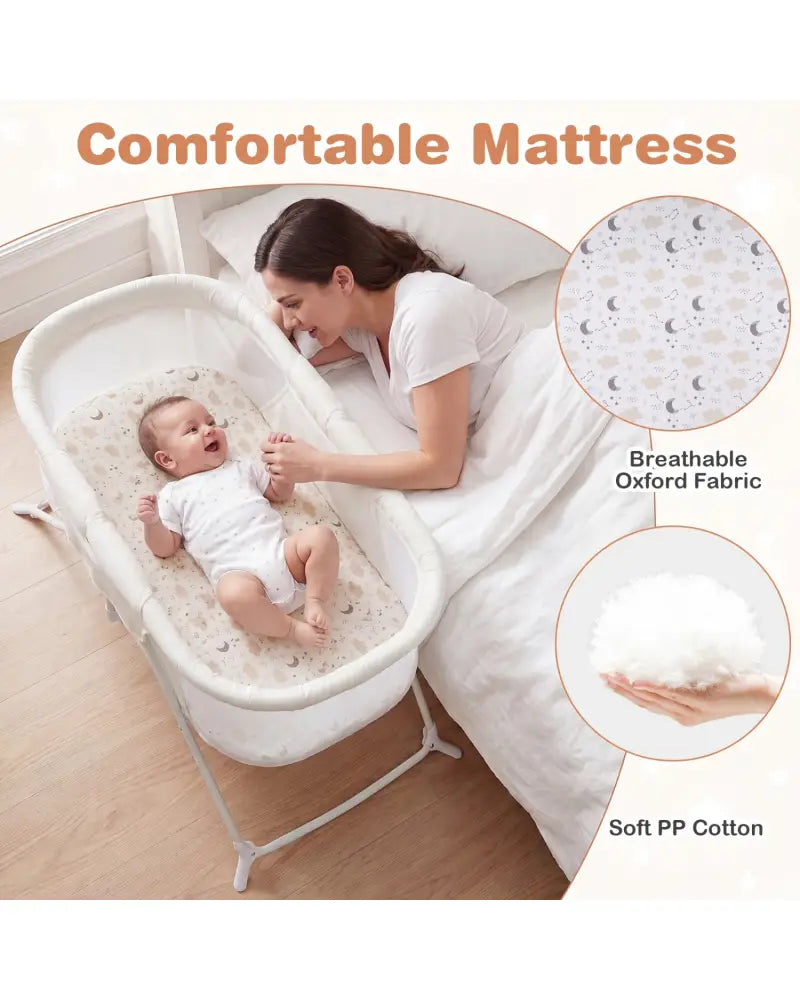 2 in 1 Baby Bassinet with Rocking Motion Foldable Bedside Sleeper with Breathable Mesh-Beige - Beige - Bassinets &
