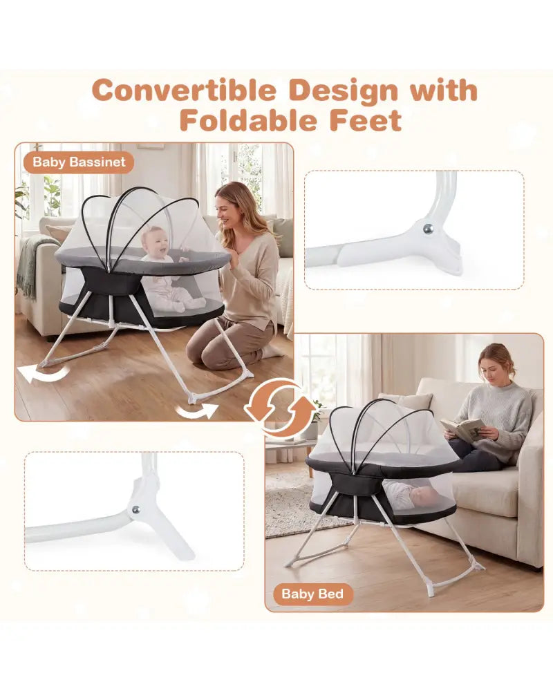 2 in 1 Baby Bassinet with Rocking Motion Foldable Bedside Sleeper with Breathable Mesh-Black - Black - Bassinets &