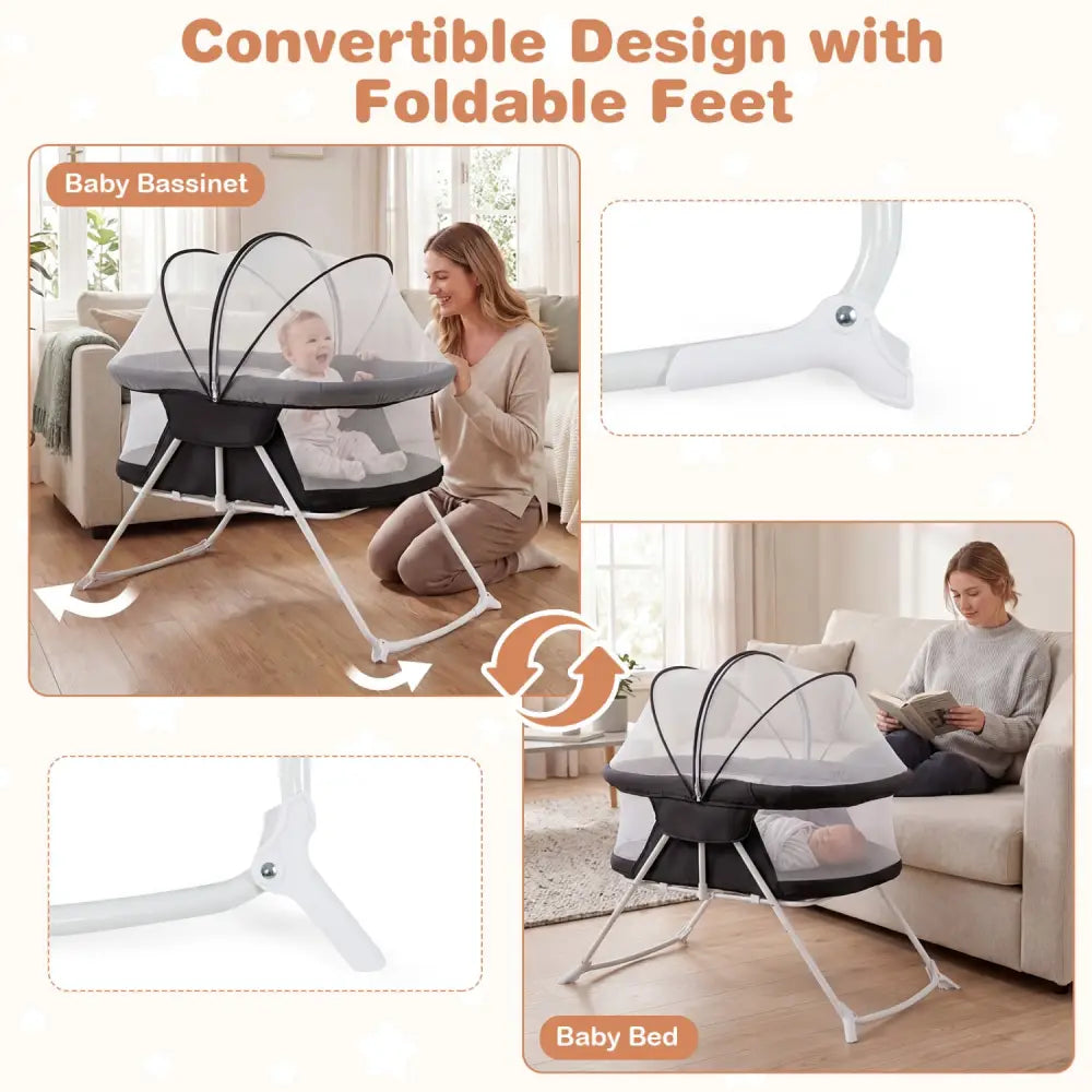 2 in 1 Baby Bassinet with Rocking Motion Foldable Bedside Sleeper with Breathable Mesh-Black - Black - Bassinets &