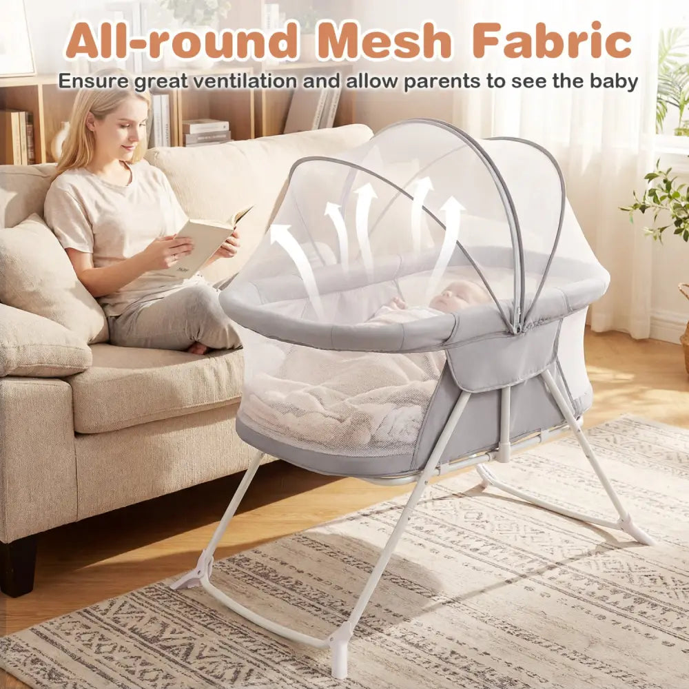 2 in 1 Baby Bassinet with Rocking Motion Foldable Bedside Sleeper with Breathable Mesh-Grey - Gray - Bassinets &