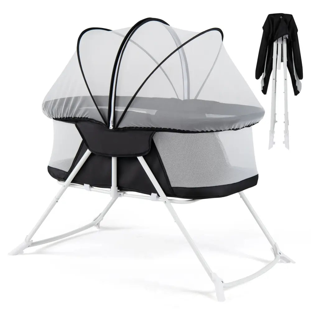 2 in 1 Baby Bassinet with Rocking Motion Foldable Bedside Sleeper with Breathable Mesh-Black - Black - Bassinets &