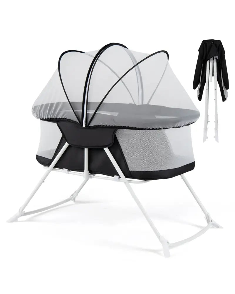 2 in 1 Baby Bassinet with Rocking Motion Foldable Bedside Sleeper with Breathable Mesh-Black - Black - Bassinets &
