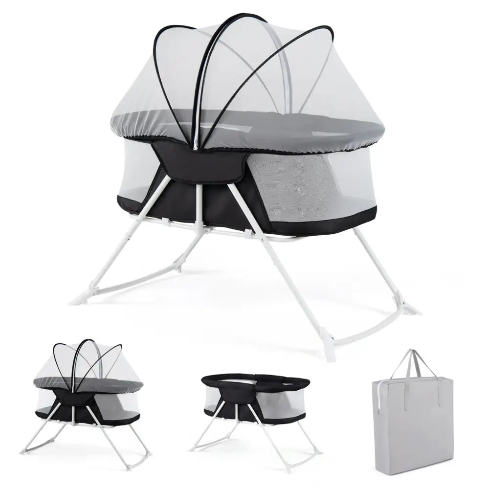 2 in 1 Baby Bassinet with Rocking Motion Foldable Bedside Sleeper with Breathable Mesh-Black - Black - Bassinets &