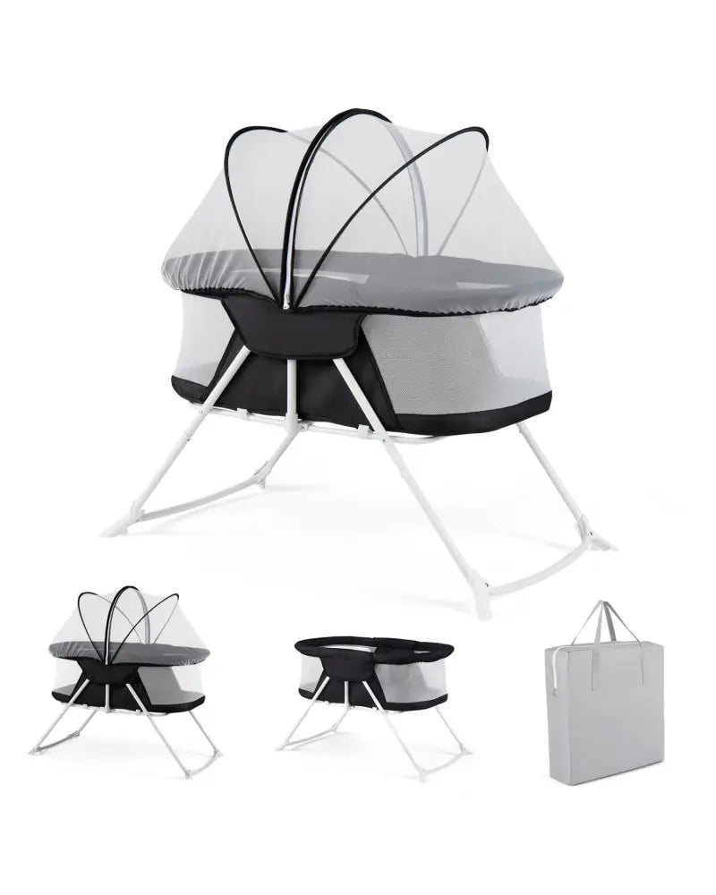 2 in 1 Baby Bassinet with Rocking Motion Foldable Bedside Sleeper with Breathable Mesh-Black - Black - Bassinets &