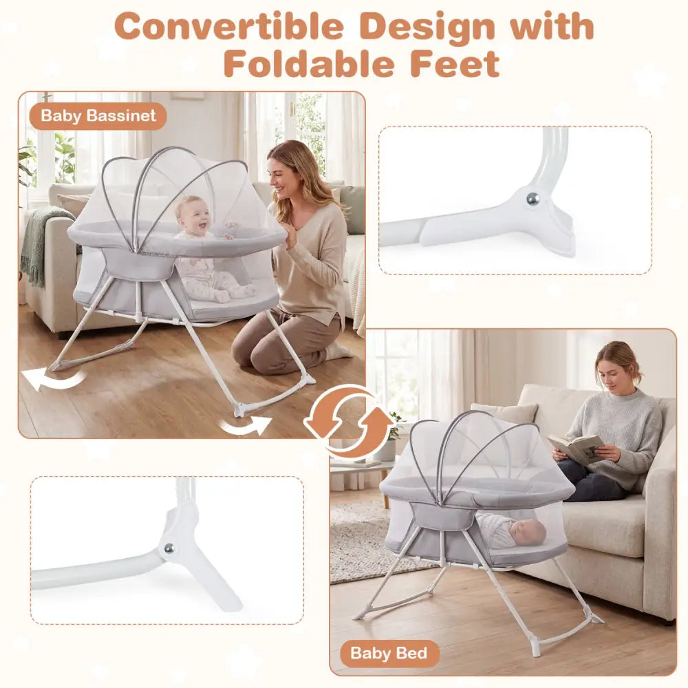 2 in 1 Baby Bassinet with Rocking Motion Foldable Bedside Sleeper with Breathable Mesh-Grey - Gray - Bassinets &