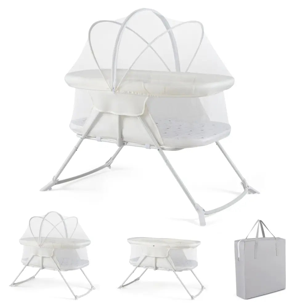 2 in 1 Baby Bassinet with Rocking Motion Foldable Bedside Sleeper with Breathable Mesh-Beige - Beige - Bassinets &