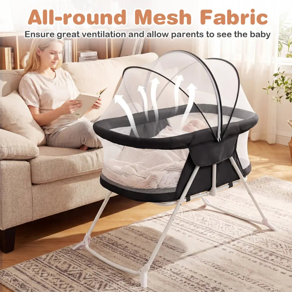 2 in 1 Baby Bassinet with Rocking Motion Foldable Bedside Sleeper with Breathable Mesh-Black - Black - Bassinets &