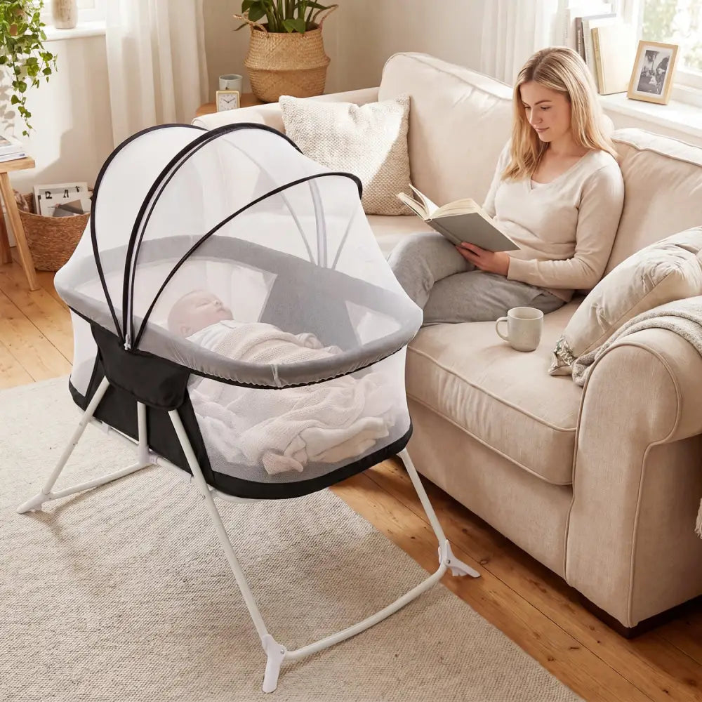 2 in 1 Baby Bassinet with Rocking Motion Foldable Bedside Sleeper with Breathable Mesh-Black - Black - Bassinets &