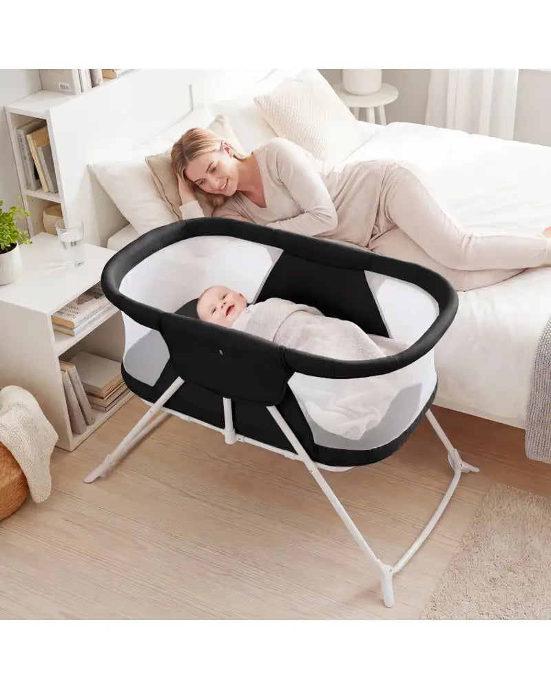 2 in 1 Baby Bassinet with Rocking Motion Foldable Bedside Sleeper with Breathable Mesh-Black - Black - Bassinets &