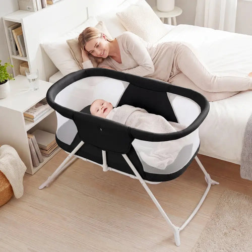 2 in 1 Baby Bassinet with Rocking Motion Foldable Bedside Sleeper with Breathable Mesh-Black - Black - Bassinets &