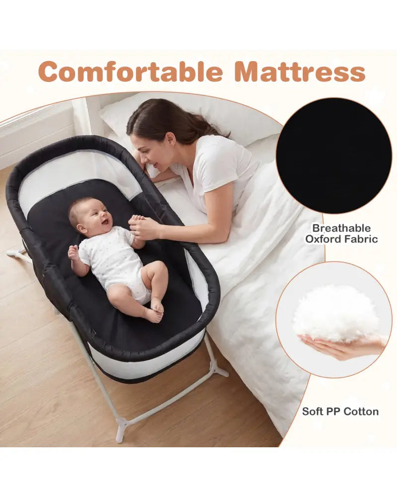 2 in 1 Baby Bassinet with Rocking Motion Foldable Bedside Sleeper with Breathable Mesh-Black - Black - Bassinets &