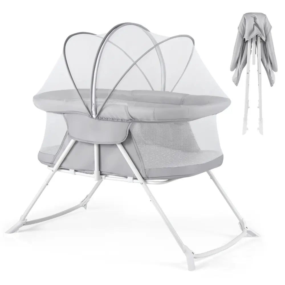 2 in 1 Baby Bassinet with Rocking Motion Foldable Bedside Sleeper with Breathable Mesh-Grey - Gray - Bassinets &