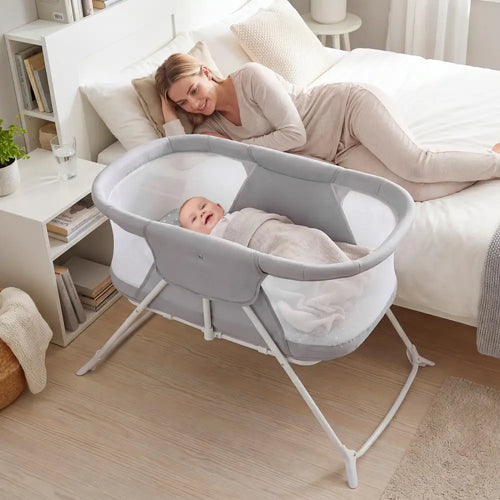 2 in 1 Baby Bassinet with Rocking Motion Foldable Bedside Sleeper with Breathable Mesh-Grey - Gray - Bassinets &