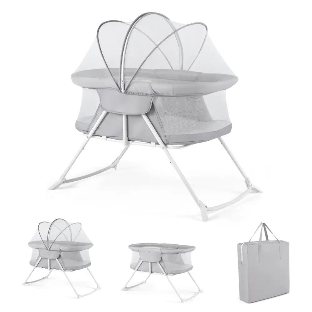 2 in 1 Baby Bassinet with Rocking Motion Foldable Bedside Sleeper with Breathable Mesh-Grey - Gray - Bassinets &