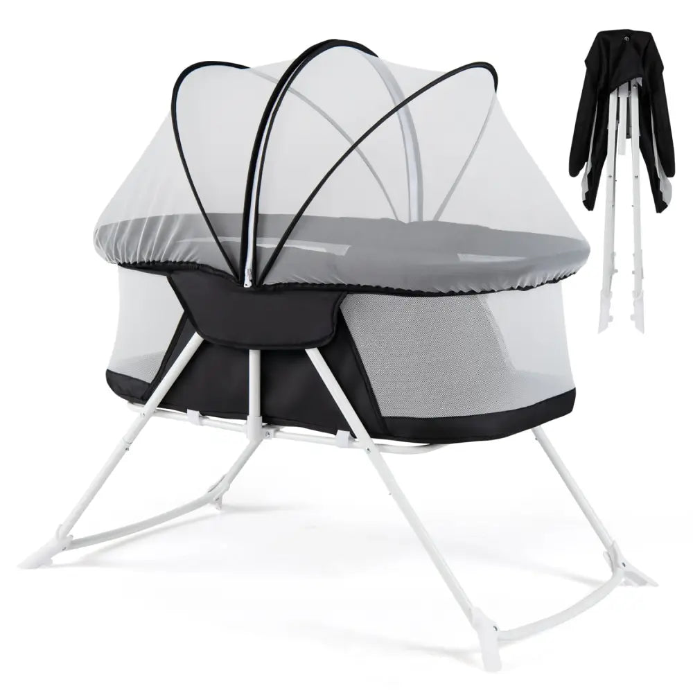 2 in 1 Baby Bassinet with Rocking Motion Foldable Bedside Sleeper with Breathable Mesh-Black - Black - Bassinets &
