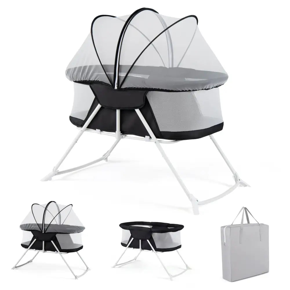 2 in 1 Baby Bassinet with Rocking Motion Foldable Bedside Sleeper with Breathable Mesh-Black - Black - Bassinets &