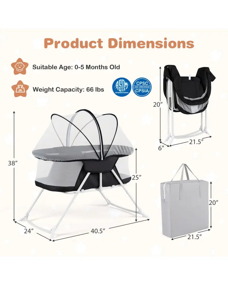 2 in 1 Baby Bassinet with Rocking Motion Foldable Bedside Sleeper with Breathable Mesh-Black - Black - Bassinets &