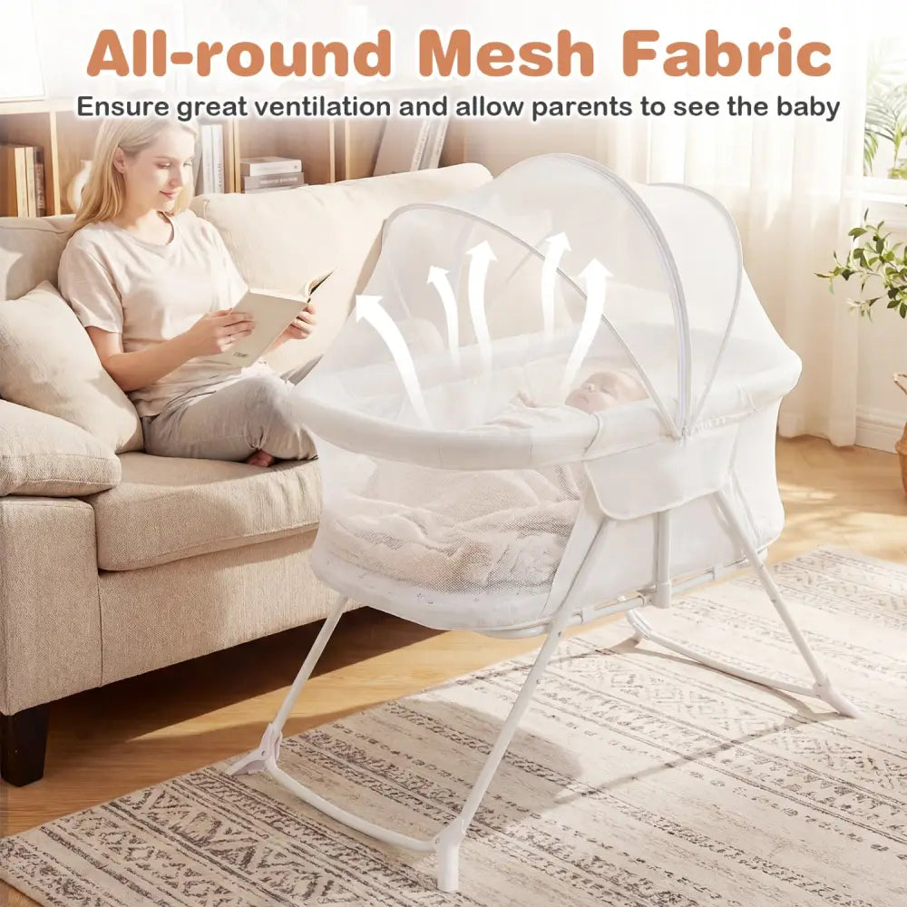 2 in 1 Baby Bassinet with Rocking Motion Foldable Bedside Sleeper with Breathable Mesh-Beige - Beige - Bassinets &