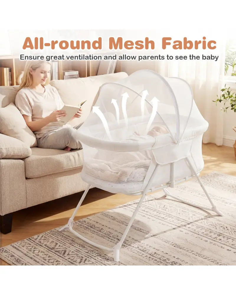 2 in 1 Baby Bassinet with Rocking Motion Foldable Bedside Sleeper with Breathable Mesh-Beige - Beige - Bassinets &
