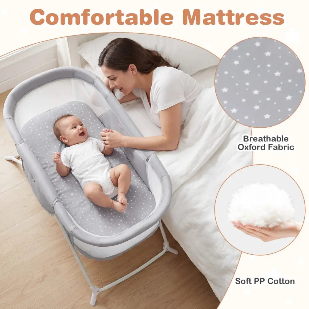 2 in 1 Baby Bassinet with Rocking Motion Foldable Bedside Sleeper with Breathable Mesh-Grey - Gray - Bassinets &
