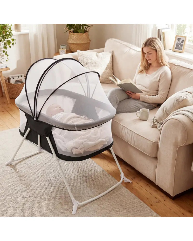 2 in 1 Baby Bassinet with Rocking Motion Foldable Bedside Sleeper with Breathable Mesh-Black - Black - Bassinets &