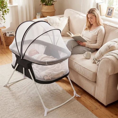 2 in 1 Baby Bassinet with Rocking Motion Foldable Bedside Sleeper with Breathable Mesh-Black - Black - Bassinets &