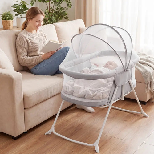 2 in 1 Baby Bassinet with Rocking Motion Foldable Bedside Sleeper with Breathable Mesh-Grey - Gray - Bassinets &