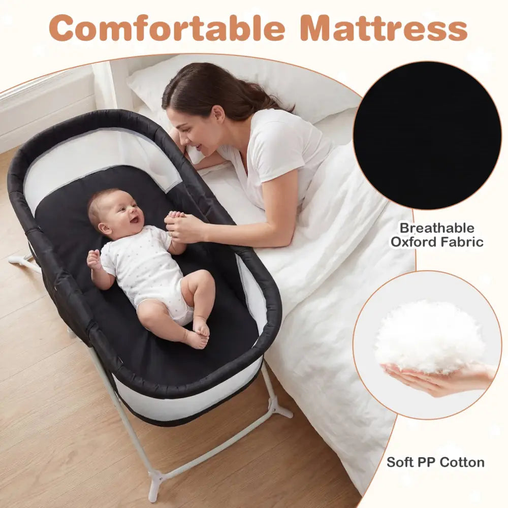 2 in 1 Baby Bassinet with Rocking Motion Foldable Bedside Sleeper with Breathable Mesh-Black - Black - Bassinets &