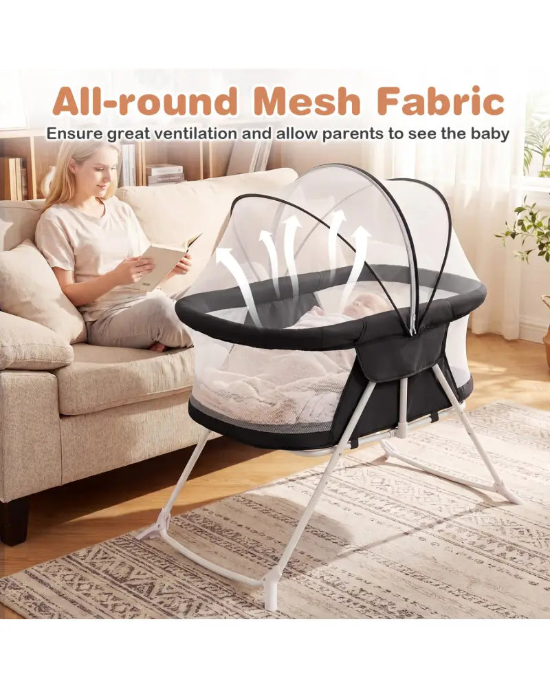 2 in 1 Baby Bassinet with Rocking Motion Foldable Bedside Sleeper with Breathable Mesh-Black - Black - Bassinets &