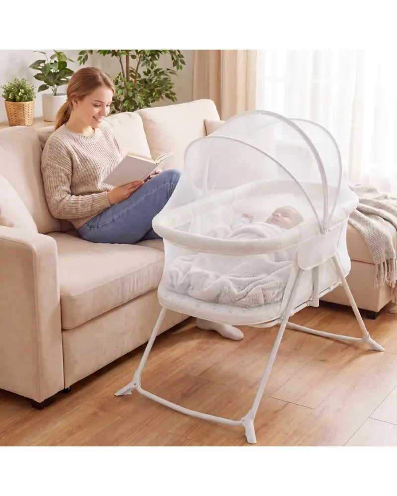 2 in 1 Baby Bassinet with Rocking Motion Foldable Bedside Sleeper with Breathable Mesh-Beige - Beige - Bassinets &