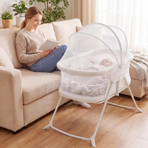 2 in 1 Baby Bassinet with Rocking Motion Foldable Bedside Sleeper with Breathable Mesh-Beige - Beige - Bassinets &