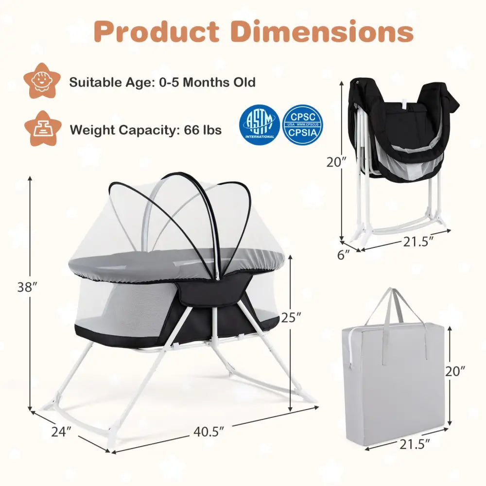 2 in 1 Baby Bassinet with Rocking Motion Foldable Bedside Sleeper with Breathable Mesh-Black - Black - Bassinets &