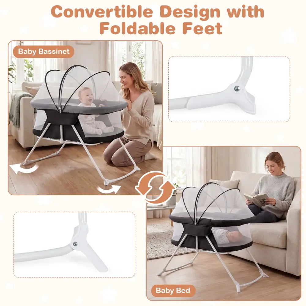 2 in 1 Baby Bassinet with Rocking Motion Foldable Bedside Sleeper with Breathable Mesh-Black - Black - Bassinets &