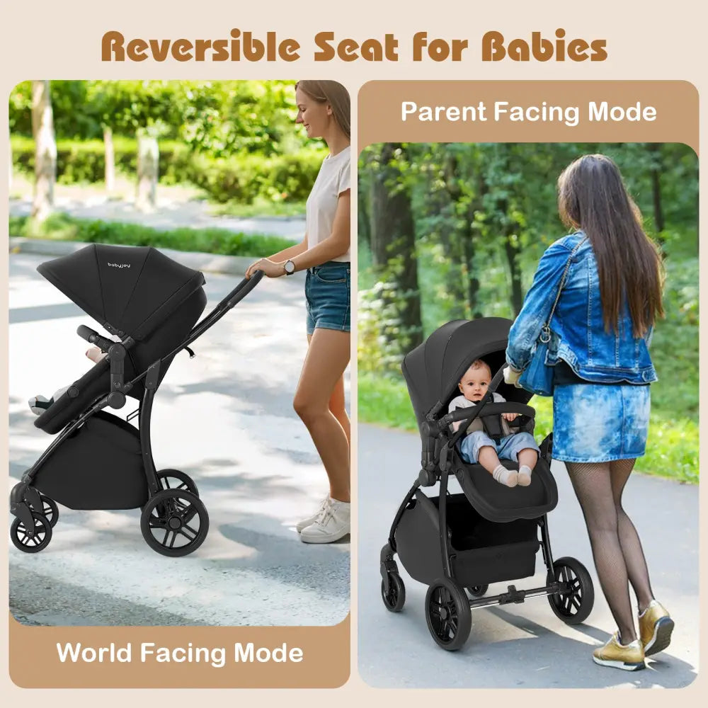 2-in-1 Baby Stroller with Bassinet Mode and Reversible Seat-Black - Black - Baby Strollers