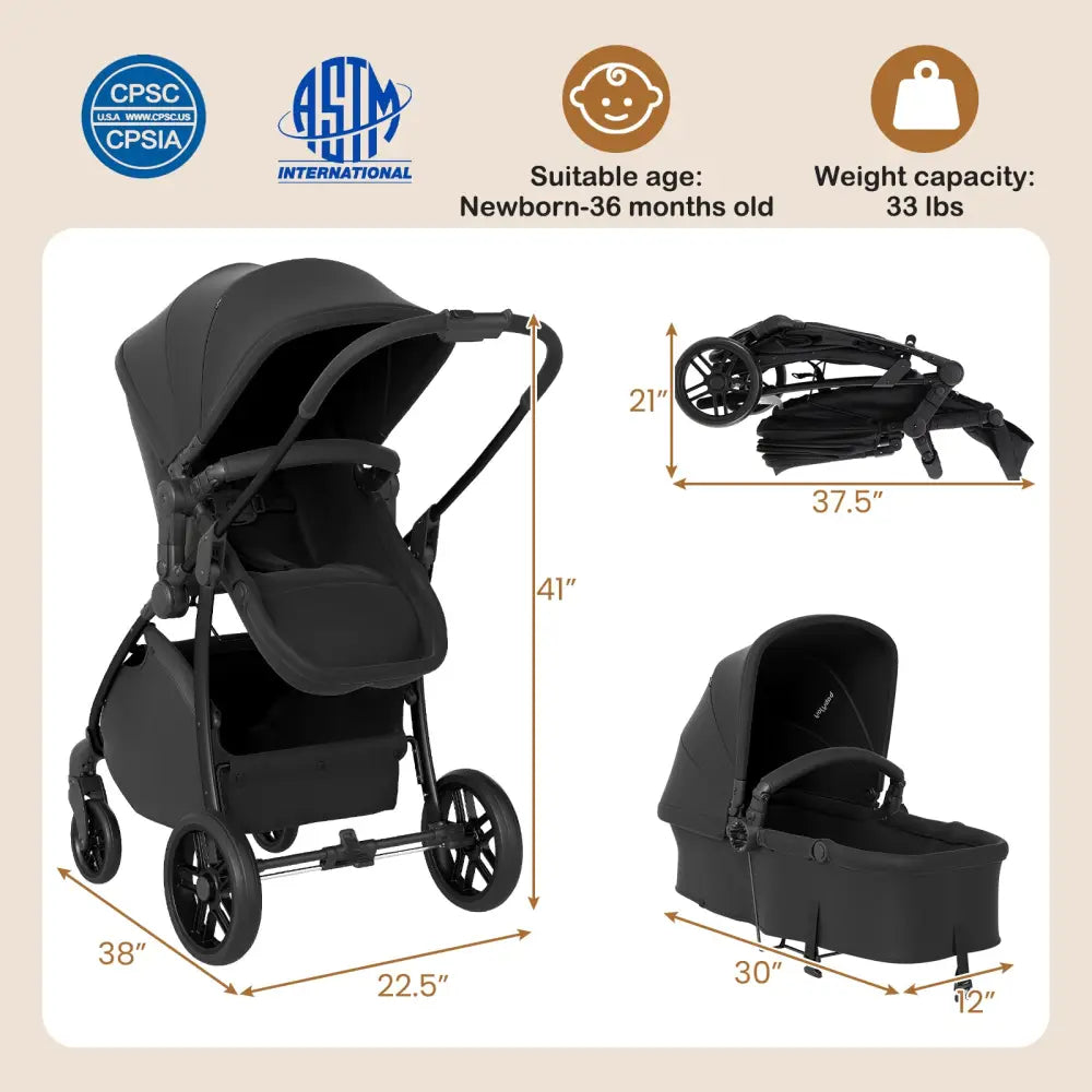 2-in-1 Baby Stroller with Bassinet Mode and Reversible Seat-Black - Black - Baby Strollers
