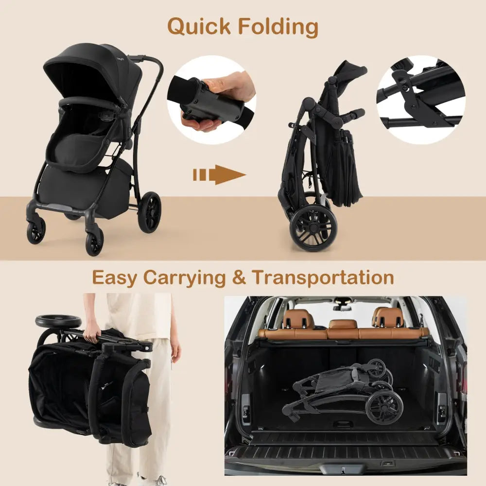 2-in-1 Baby Stroller with Bassinet Mode and Reversible Seat-Black - Black - Baby Strollers