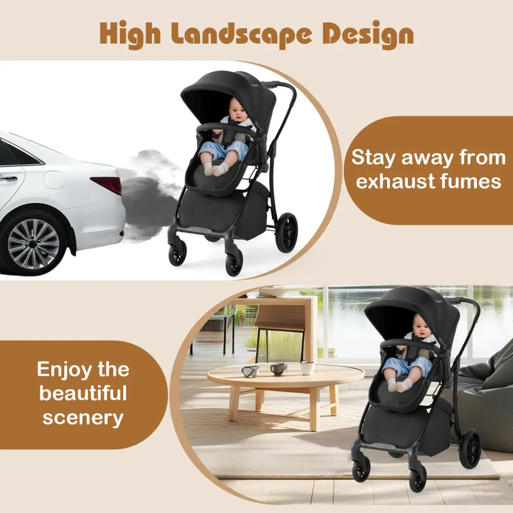 2-in-1 Baby Stroller with Bassinet Mode and Reversible Seat-Black - Black - Baby Strollers